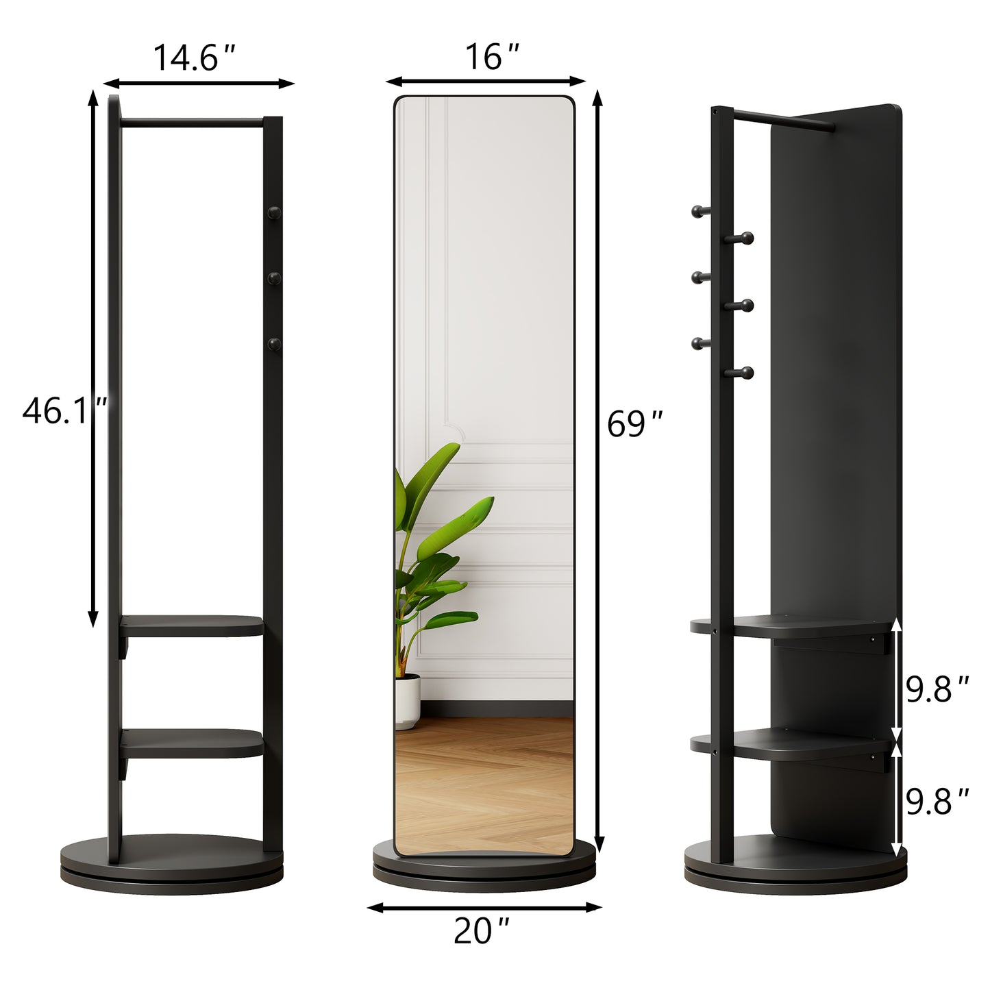 360 Rotating 69x20in Multifunctional Full Length Mirror With Hook Storage Rack Coat Rack With Mirror Solid Wood Floor Mirror Bedroom Living Room Cloakroom Space Saving   Black