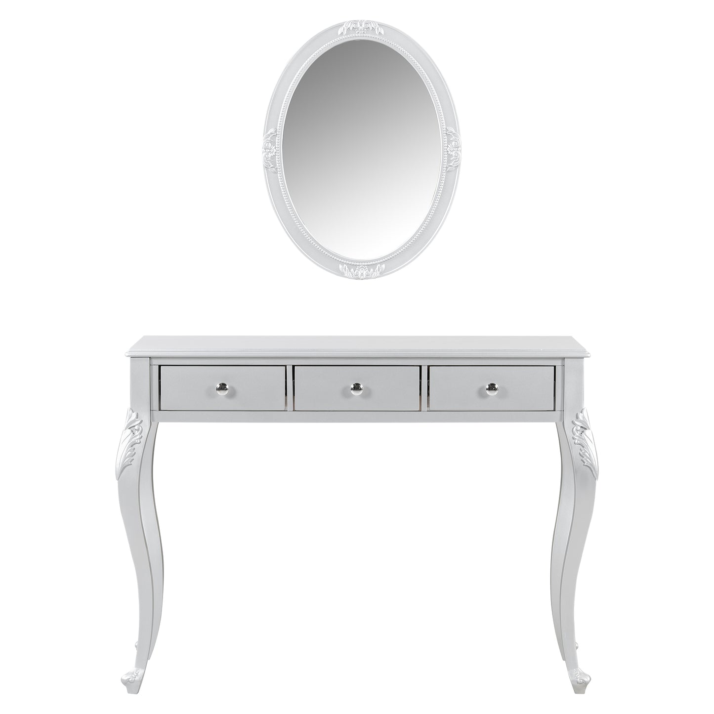 Luxury Makeup Vanity Desk With Oval Mirror, 3-Drawer Dressing Table For Jewelry Storage, Elegant Console Table For Entryway, Living Room & Bedroom, Stylish Home Decor,Silver