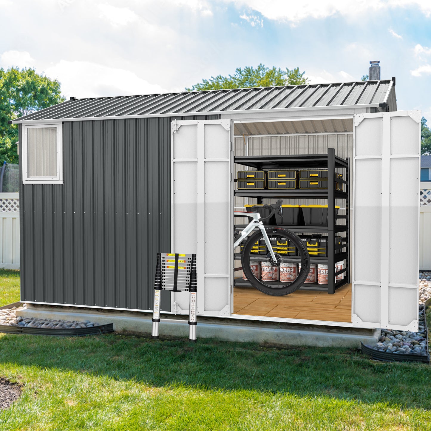8x12 Ft Metal Outdoor Storage Shed With Window, Floor Base, Air Vents And Double Hinged Door