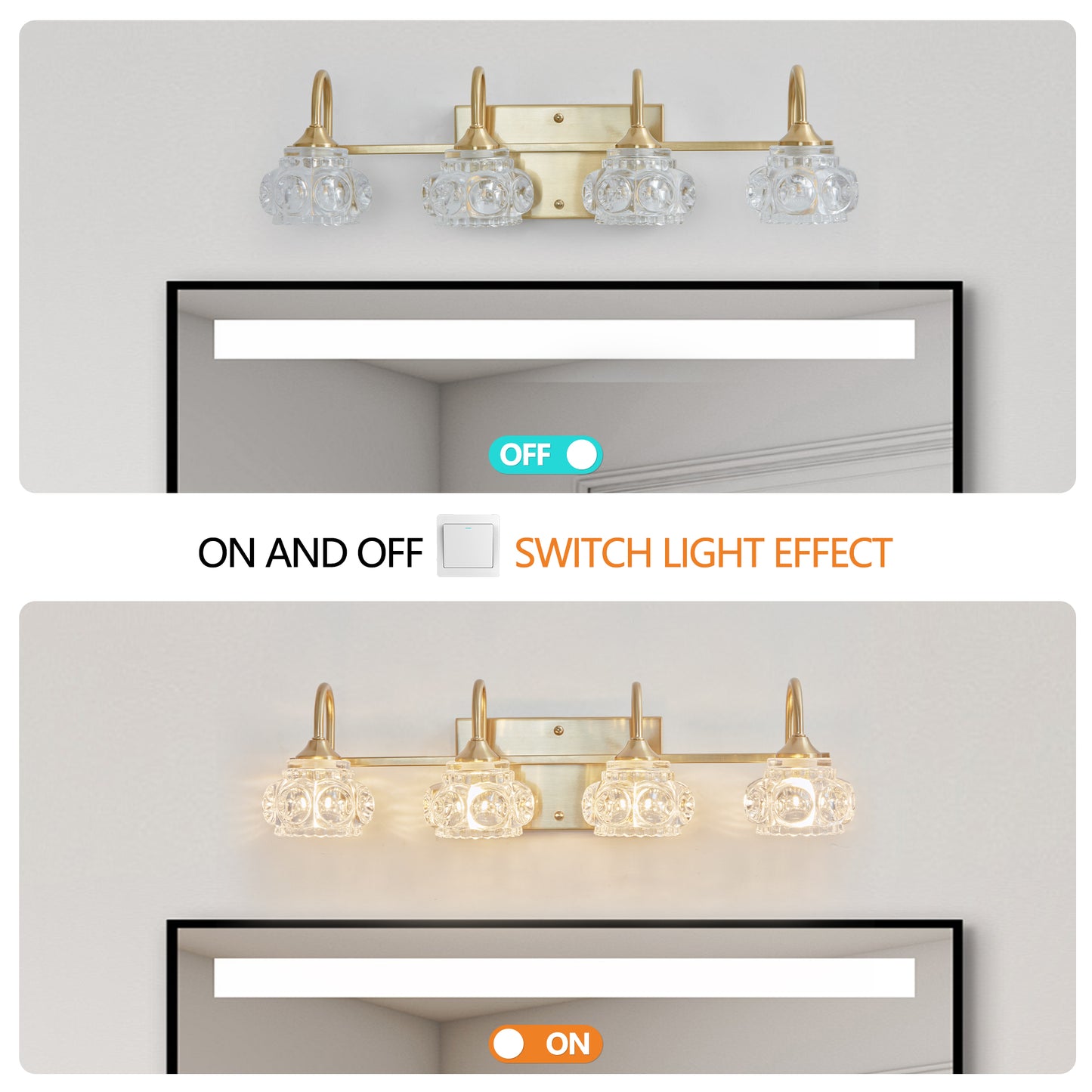 23  Modern Crystal Bathroom Vanity Light, 4-Light Golden Wall Sconce With Clear Glass Shade, Elegant Wall Mount Lighting For Bathroom, Powder Room, Or Vanity Mirror  No Bulbs