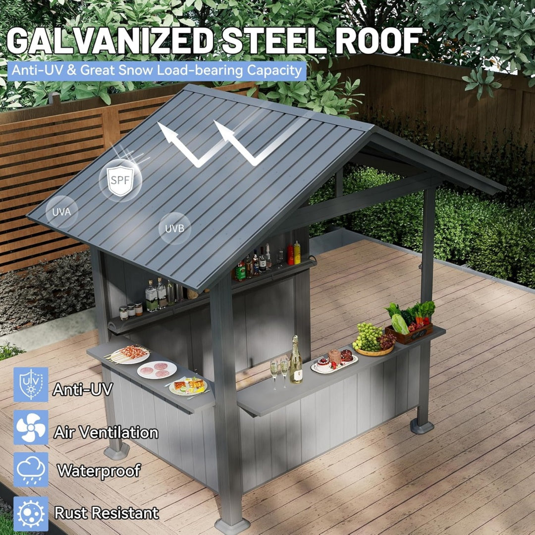 9.4X6.2 FT Hardtop Grill Gazebo, Gable Outdoor Grill Gazebo With Storage Shelves & Resin Shade System, Galvanized Steel Metal Hard Top Gazebo For Patio  Garden -Grey