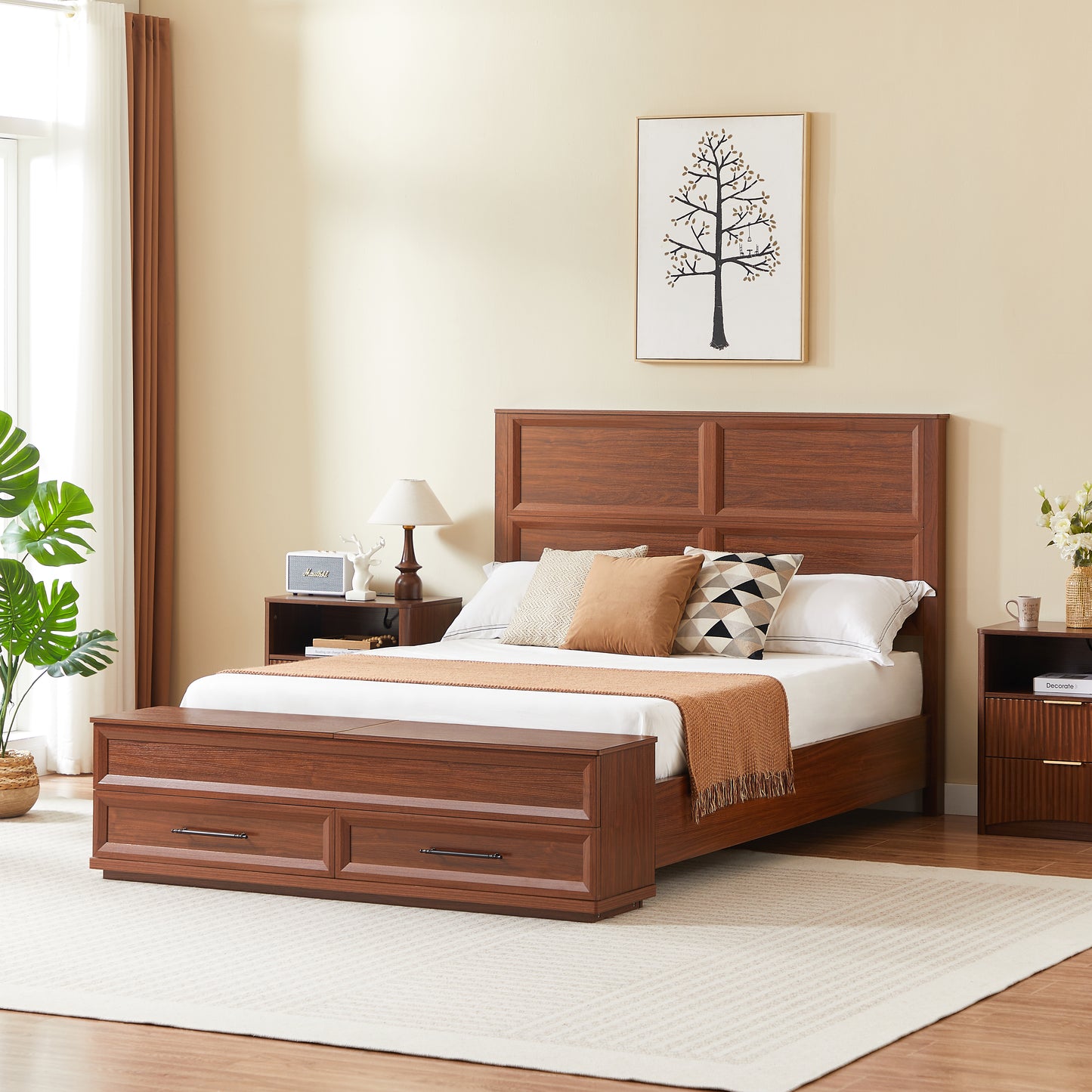 Queen Size Bed With 3D Geometric Headboard & Storage Bench - 4-Drawer Storage, Modern Bedroom Furniture, Walnut.
