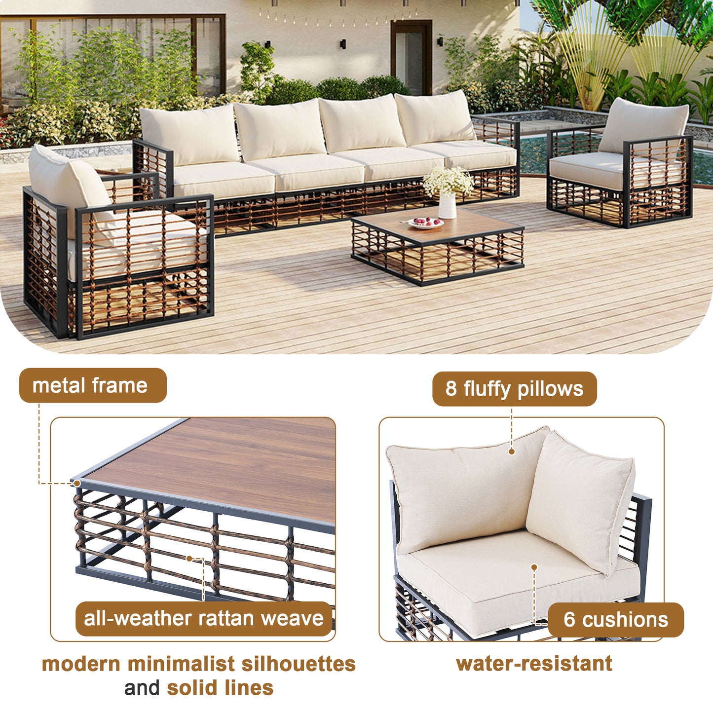 TOPMAX Modern Minimalist 7-Piece Metal Patio Sectional Sofa Set, All-Weather Garden Conversational Furniture Set With Thick Cushions And Coffee Table For Indoor Outdoor, Dark Grey