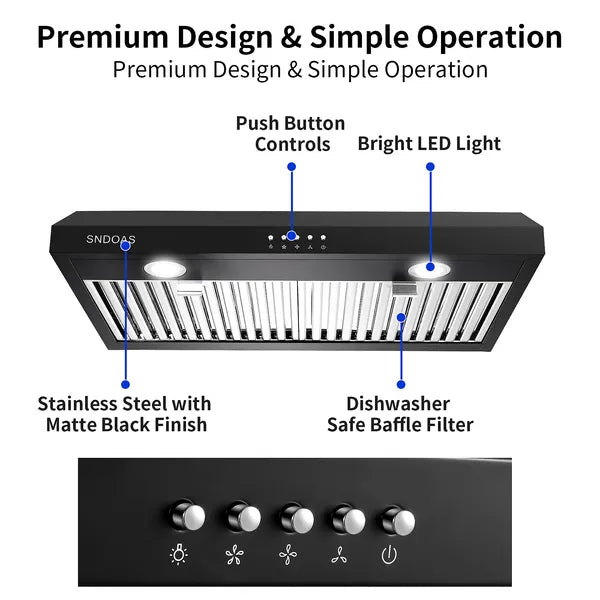 30 Inch Kitchen Under Cabinet Range Hood 3-Speed 600CFM Vent W/LEDs Silver/Black