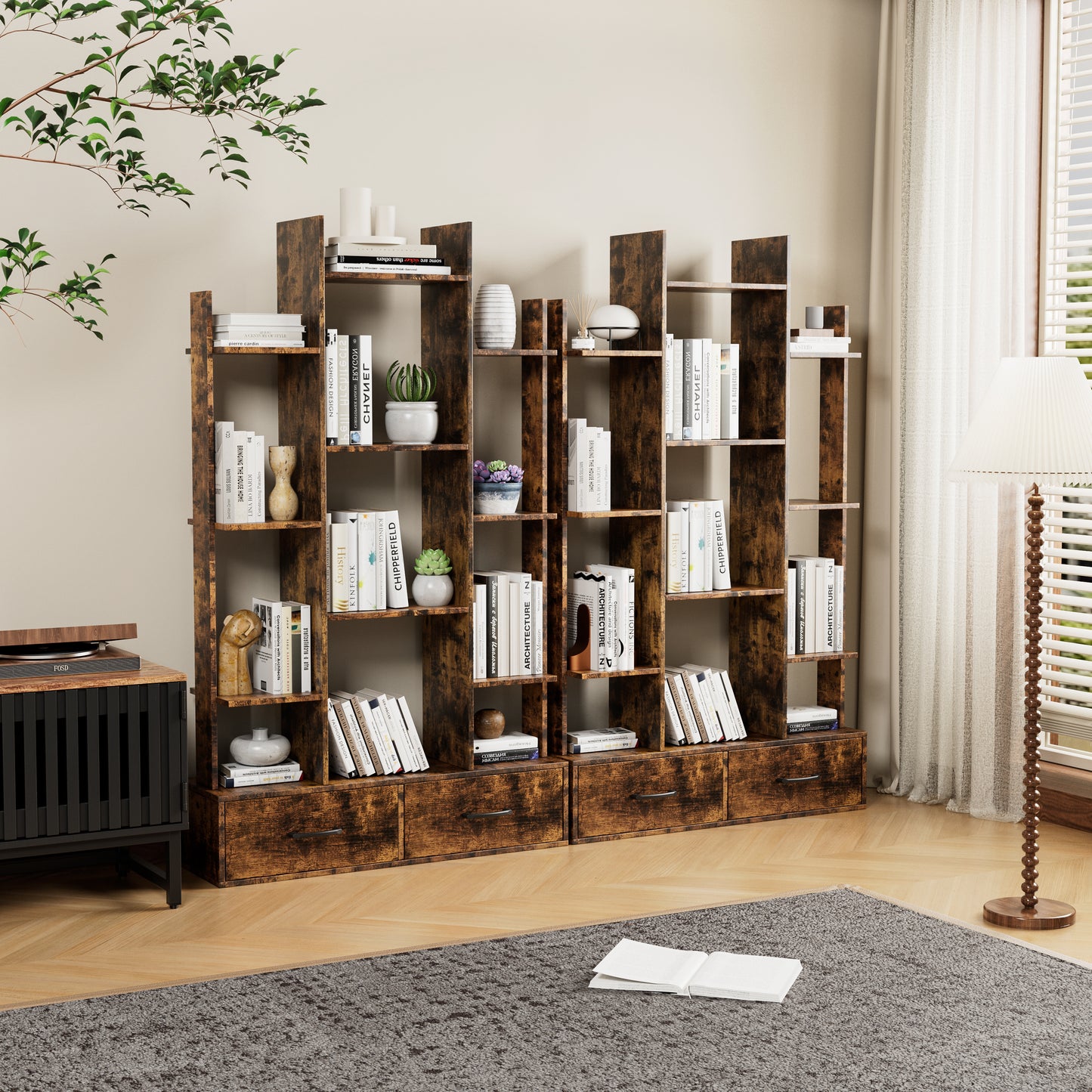 Bookshelf With 2 Drawers, Industrial Freestanding Open Display Shelving, Vintage Open Bookcase, 12 Storage Shelves, Book Case For Bedroom, Living Room, Home Office, Rustic Brown