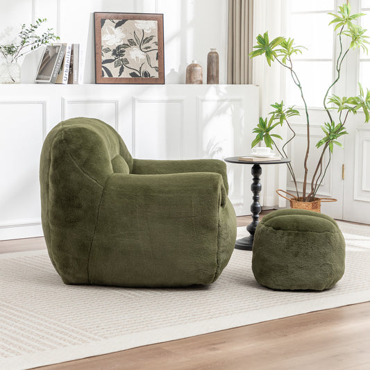 Bean Bag Chair, Comfy Bean Bag Sofa With Back Support, With Footstool,Faux Fur Bean Bag Chair For Adults And Kids, Stuffed Floor Sofa For Living Room, Bedroom, Apartment, Green