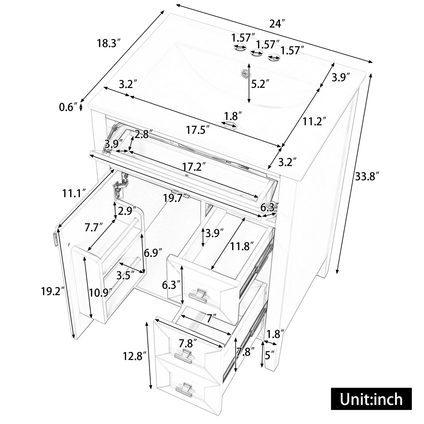 24'' Green Bathroom Vanity With Sink, MDF & Rubberwood Construction, 3 Drawers & Cabinet With 2-Tier Door Storage Rack, Soft-Close Door & Drawers, Modern Design For Small To Medium Bathrooms