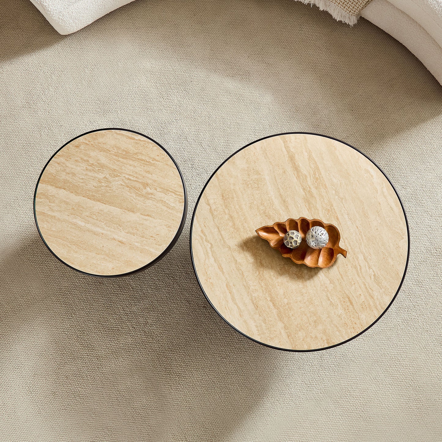 Set Of 2 Coffee Table,MDF Round Coffee Table Sintered Stone Tabletop For Living Room ,Apartment,Leisure Area BLACK