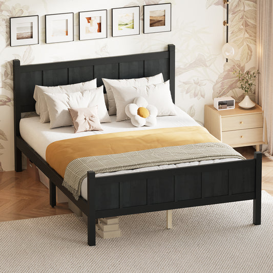Full Size Flat Panel Bed With Headboard & Footboard, Minimalist Modern Platform Bed With Wood Grain Finish, Shaker And Farmhouse Style Design, Sleek And Functional Bedroom Furniture,Black