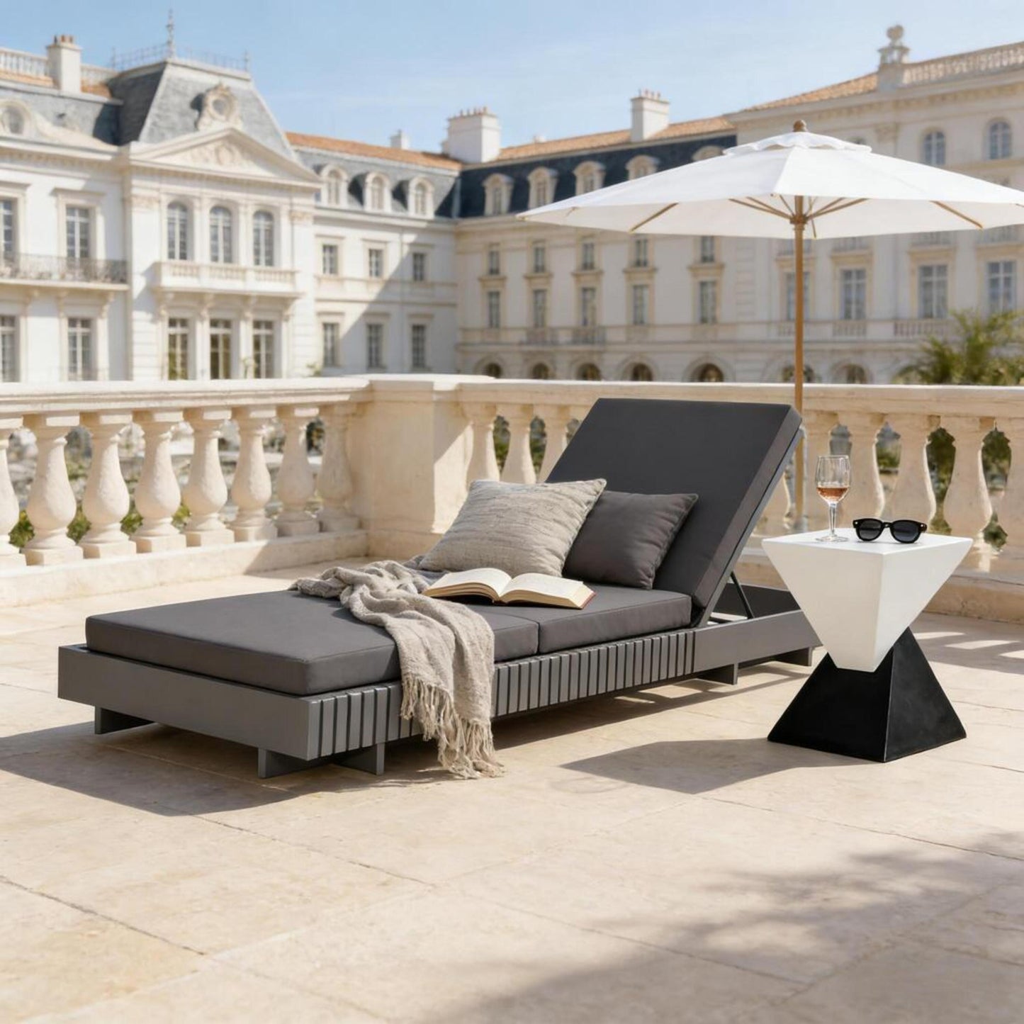 Dark Grey Acacia Solid Wood Outdoor Chaise Lounge With  Dark Grey 3-Fold Water-Repellent Cushion, 400lbs Capacity,  Modern Patio Sun Lounger For Garden, Poolside