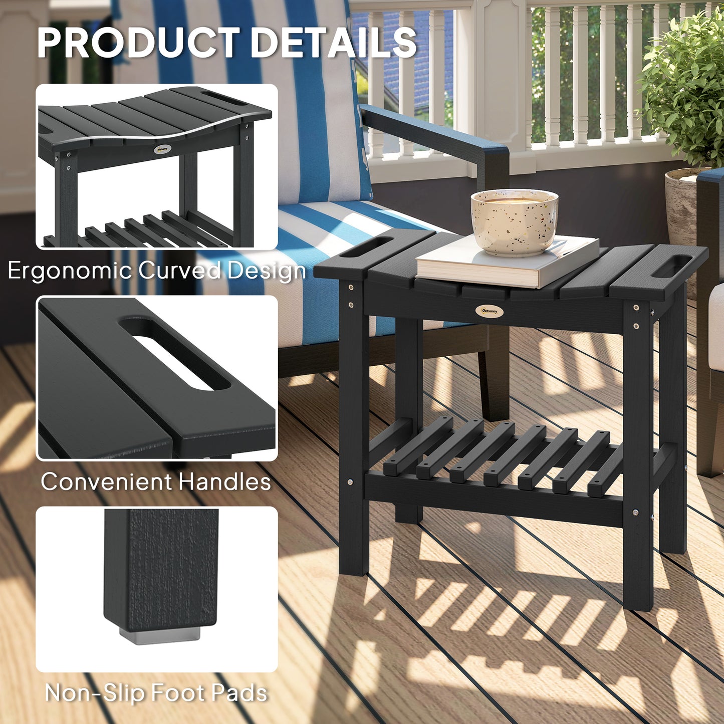 Shower Bench, Waterproof Shower Stool With Handle, Storage Shelf, Non-Slip Pads For Indoor Outdoor, Black