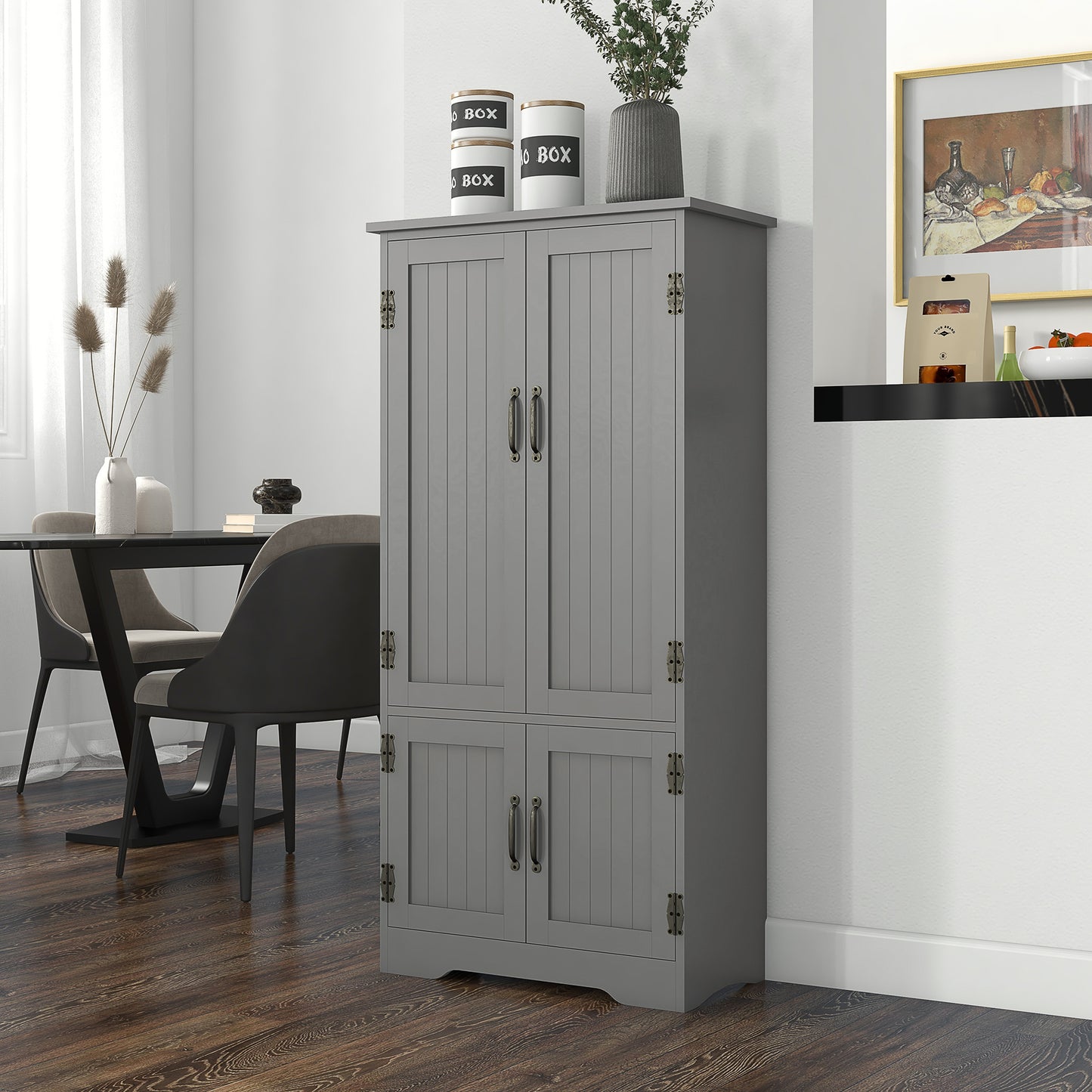 Accent Floor Storage Cabinet Kitchen Pantry With Adjustable Shelves And 2 Lower Doors, Gray