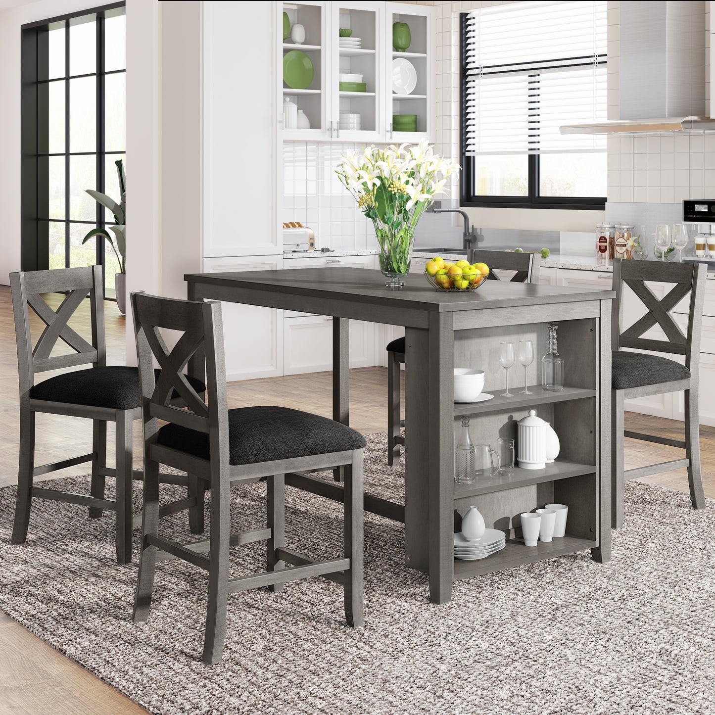TOPMAX 5 Pieces Counter Height Rustic Farmhouse Dining Room Wooden Bar Table Set With 4 Chairs, Gray Old