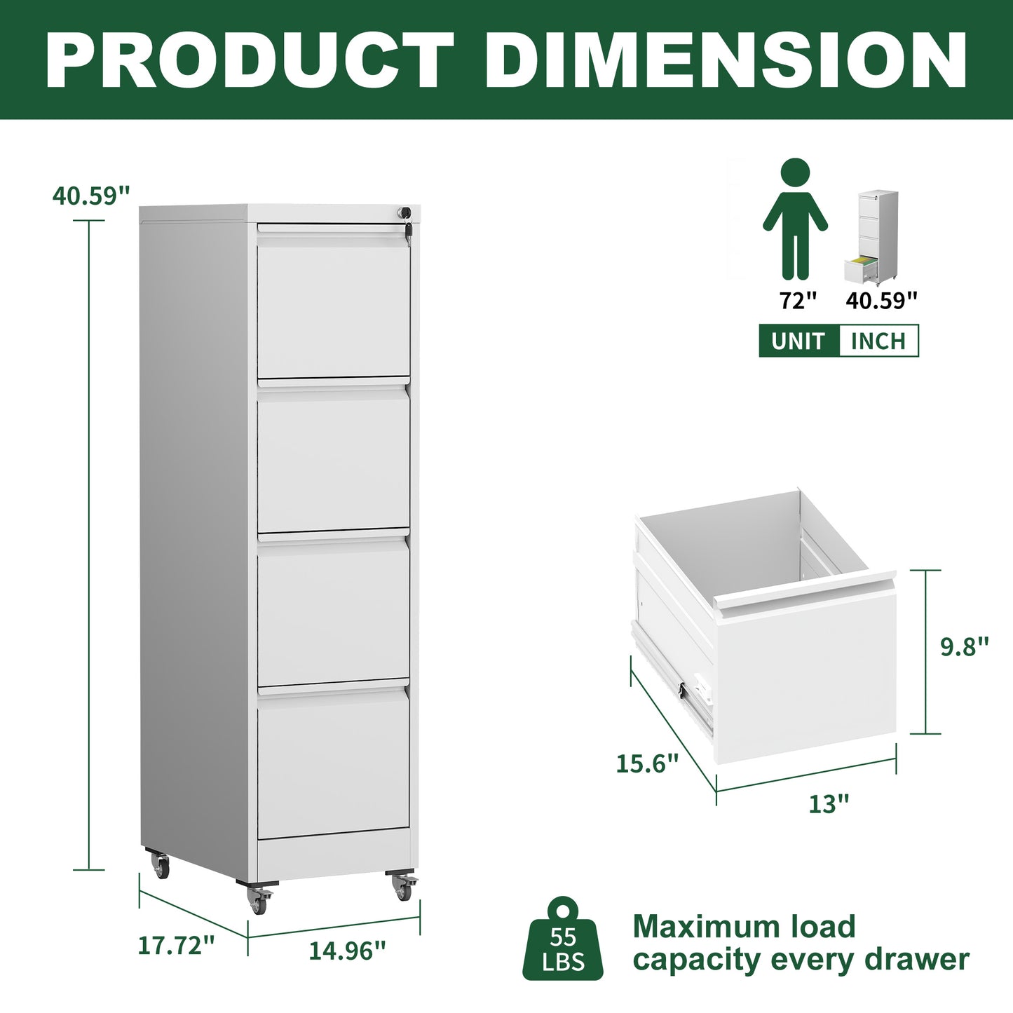 4 Drawer Metal Locking Vertical File Cabinet On Wheels -Heavy-Duty Lockable Cabinet For Home & Office, Black, 17.71 Dx15.16 Wx52.28 H,White