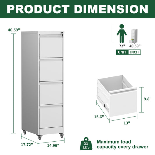 4 Drawer Metal Locking Vertical File Cabinet On Wheels -Heavy-Duty Lockable Cabinet For Home & Office, Black, 17.71 Dx15.16 Wx52.28 H,White