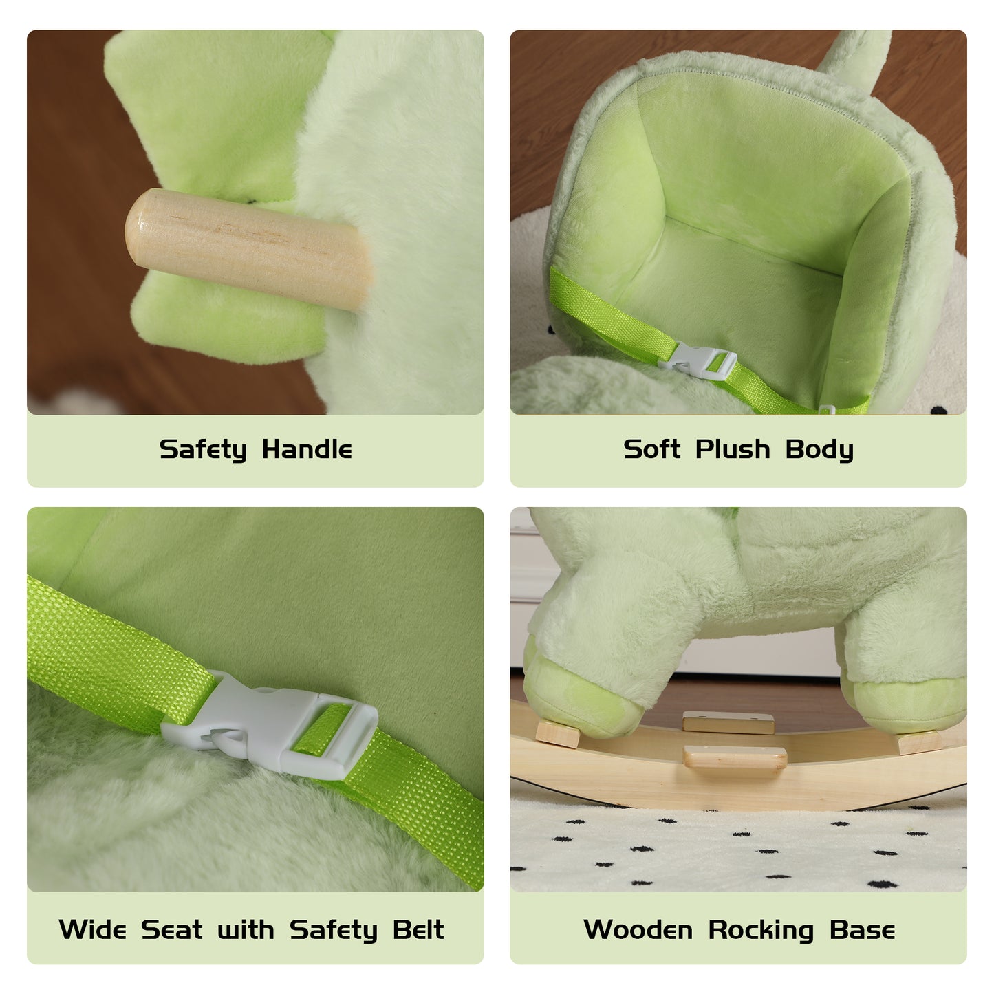 Kids Ride-On Rocking Horse Toy With Lullaby Song,Dinosaur Rocking Toy With Hand Puppets And Safety Belt For Children 1-3 Years,  Soft Plush Fabric ,Green,CPC Certified