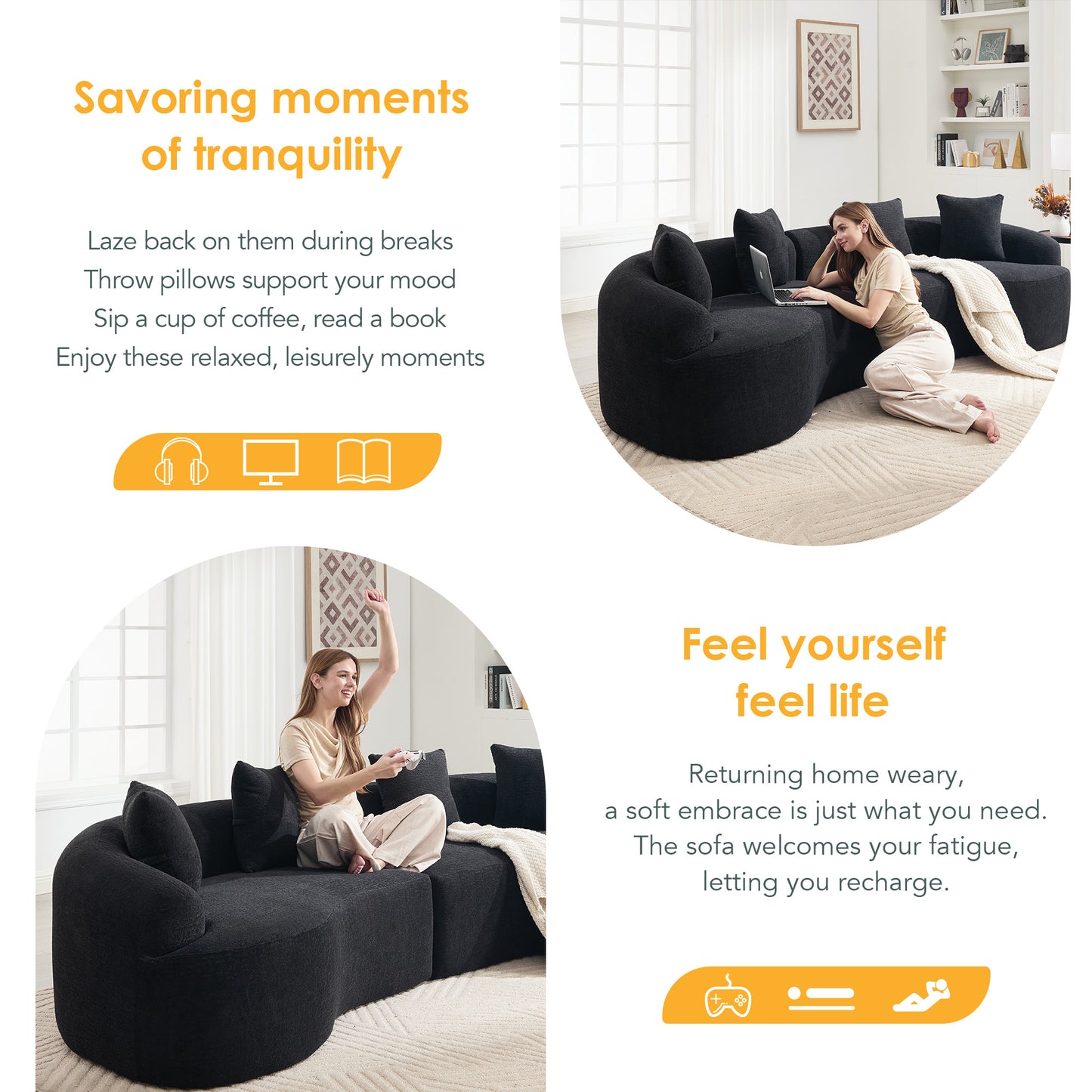 Compression Sponge Sofa Black Curved Modular Sectional  30D High-Density Chenille Sleeper Couch For Apartment Living Room 110L
