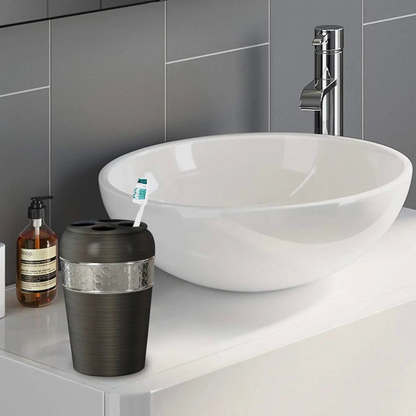 Stainless Steel Toothbrush Holder   Compact Multi-Slot Holder For Toothbrushes,Razors & Makeup Accessories   Oil Rubbed Bronze Finish