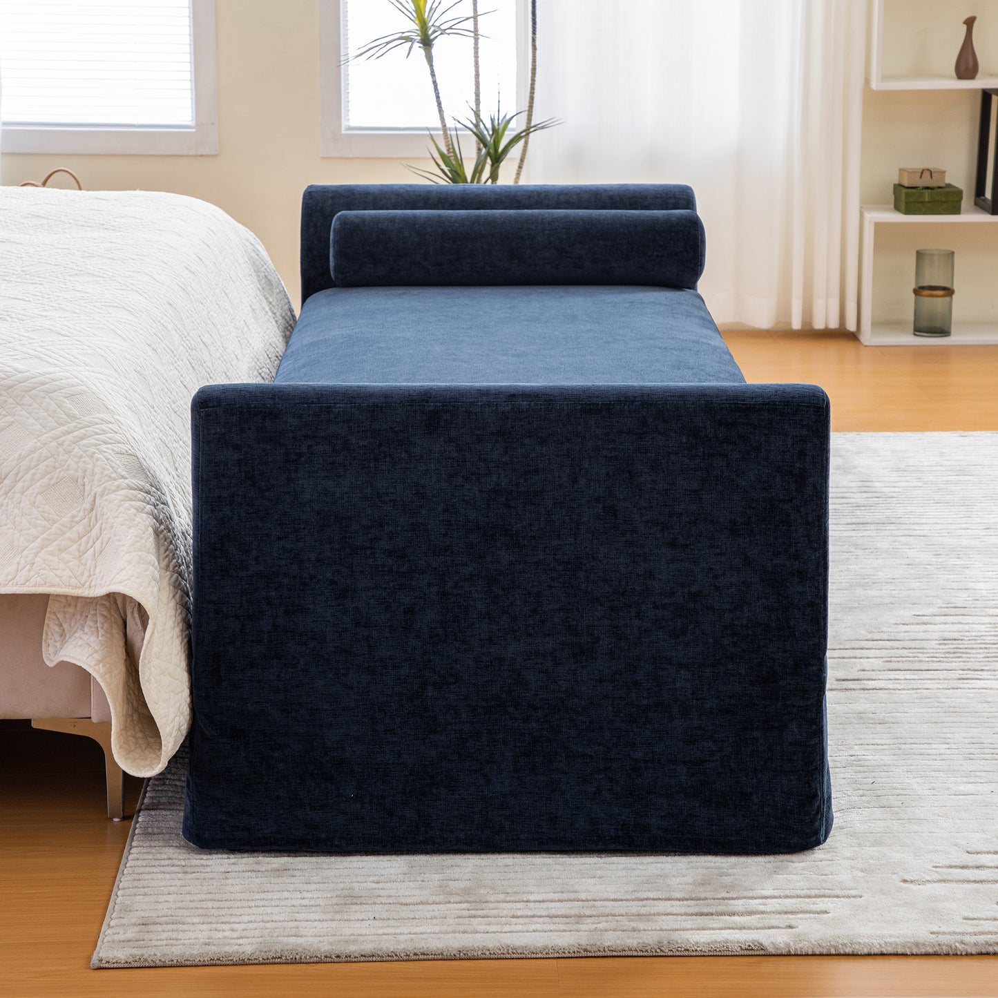 88.58  Wide Modern Bench, Bed End Bench With Armrests,Chenille Chaise Lounge Couch With 2 Bolster Pillows, Suitable For Living Rooms, Entryways, Dormitories, And Bedrooms.Navy