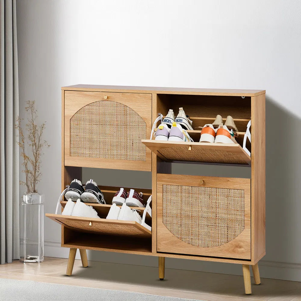 2 Rows Of 4 Dump Buckets With High Feet Arched Rattan Surface Shoe Cabinet Density Board With Triamine 105X24X98cm Original Wood Color