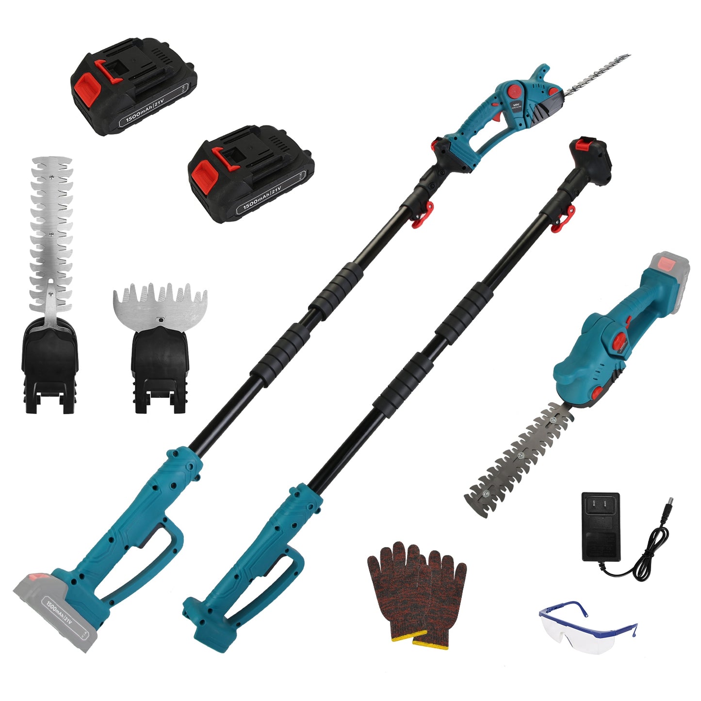 1Set Pole Mini Hedge Trimmer And Grass Shear Electric Cordless Handheld Hedge Trimmer With 90Degree Rotatable Head Telescopic Extension Pole Gloves Goggles 2Pcs 21V Batteries