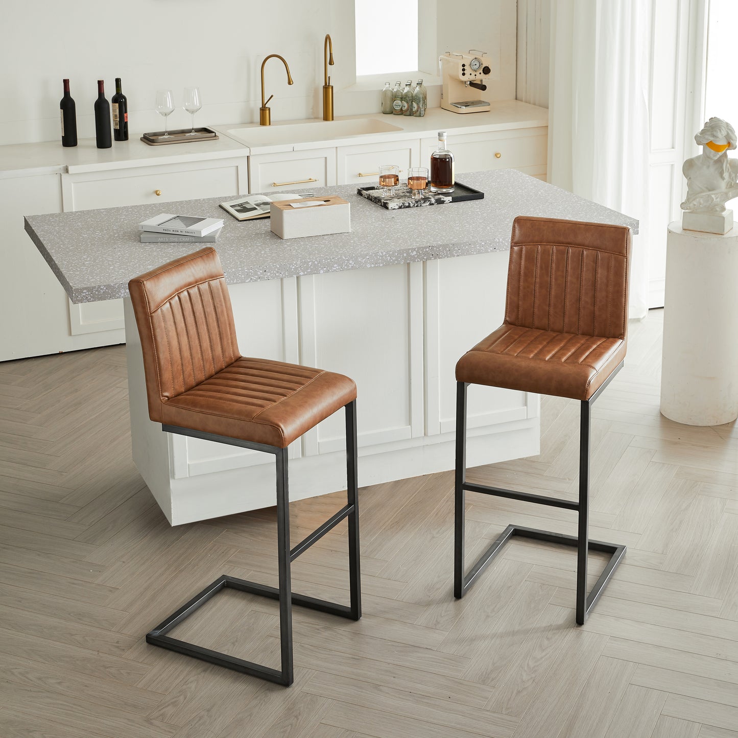 Back Brown Faux Leather Bar Stool  Sturdy Black Metal Frame & Padded Seat  Stylish Seating For Kitchen Island  Home Bar & Dining Counter 2 Sets