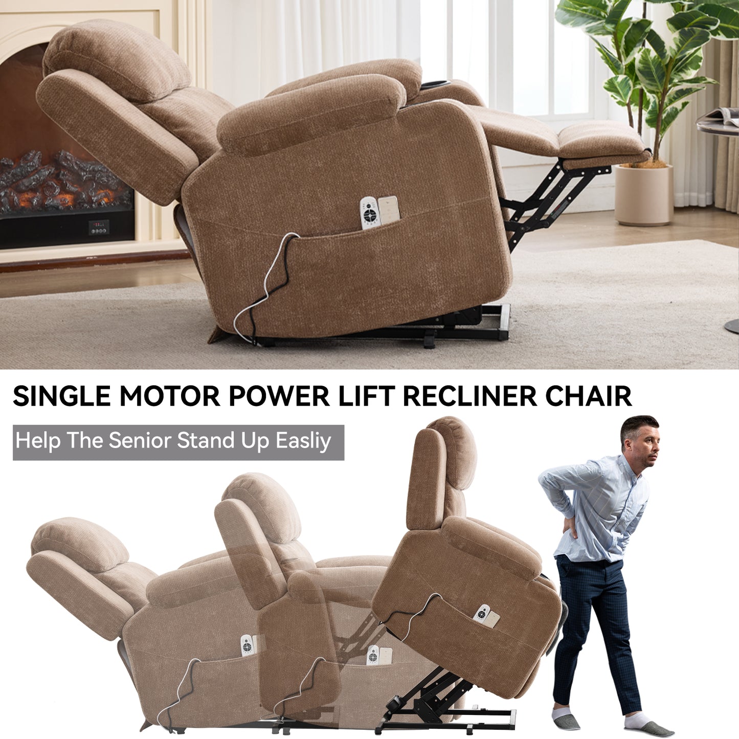 Up To 350 LBS Chenille Power Lift Recliner Chair, Heavy Duty Motion Mechanism With 8-Point Vibration Massage And Lumbar Heating, Stainless Steel Cup Holders, Brown