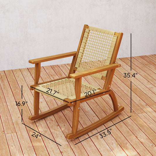 Outdoor Lawn Rocking Chair Set Of 2, Acacia Wood Patio Rocking Chairs With Wicker Back And Seat For Garden, Khaki