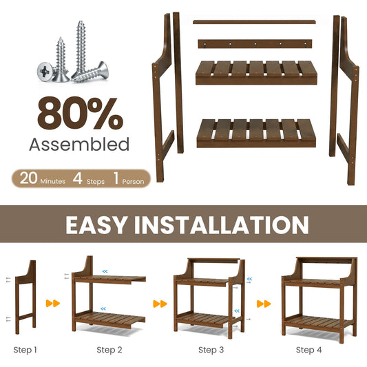 Potting Benches For Outside, HDPE Garden Potting Table All Weather, Outdoor Potting Table With Storage For Patio, Backyard, Garden, Brown