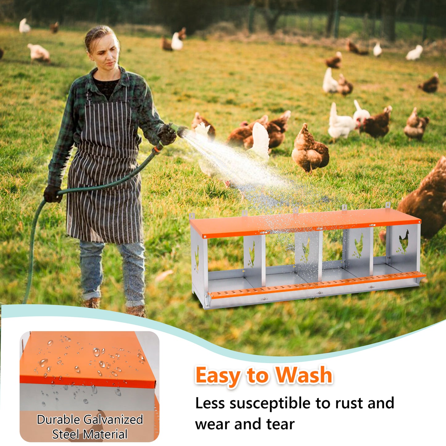 4-Bay Metal Nest Box-Wall Mount For Hens Ducks, Easy Egg   Assembly, Vented Galvanized Steel Coop Equipment Orange