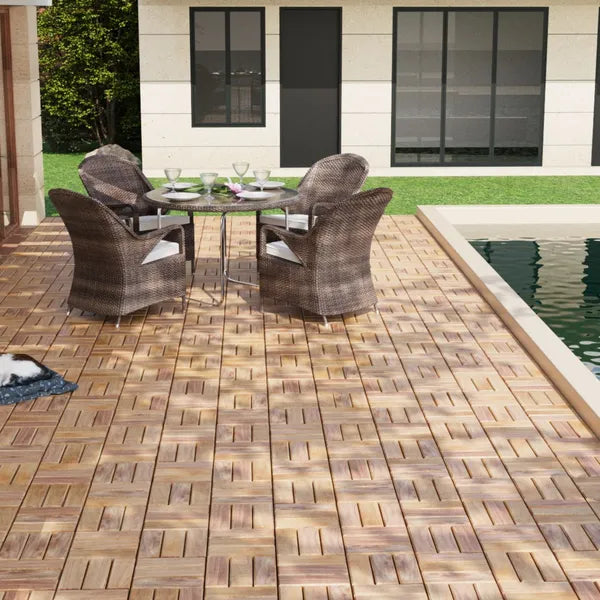 10 PCS Interlocking Deck Tiles Checker Pattern, 12' X 12' Square Yellow Acacia Hardwood Outdoor Flooring For Patio, Bancony, Pool Side