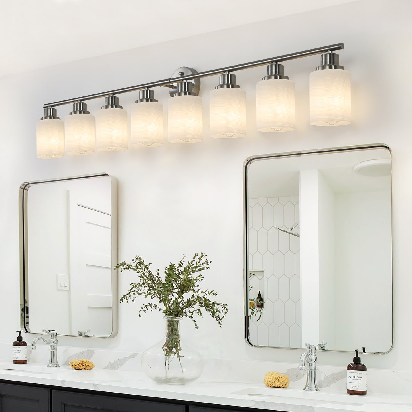 52  Modern 8-Light Vanity Wall Sconce, Brushed Nickel Finish With Frosted Glass Shades For Bathroom Or Hallway Lighting No Bulbs