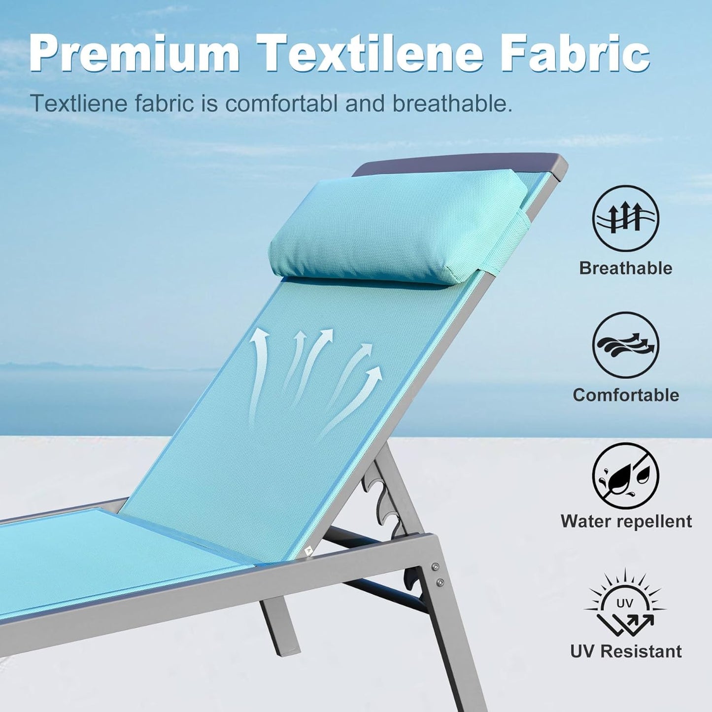 Patio Chaise Lounge Set, 3 Pieces Aluminum Adjustable Pool Lounge Chairs Textilene Sunbathing Recliner With Headrest   Lake Blue,2 Lounge Chairs   1 Table
