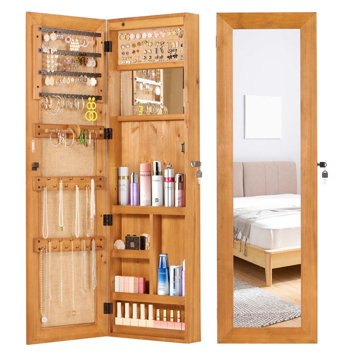 Solid Wood Jewelry Armoire Organizer Cabinet With Full-Length Mirror, 47.5x14.3 In Wall-Mounted Lockable With LED Light