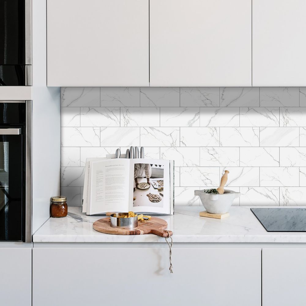 White Marble Look Wall Sticker Peel And Paste Splash-proof PVC Composite Wall Tile Kitchen Bathroom