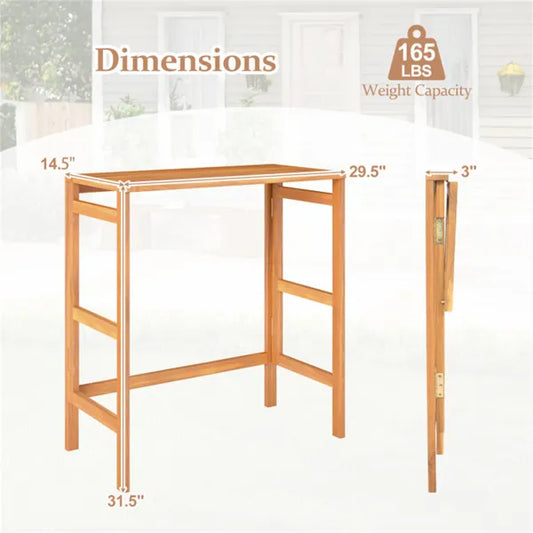 Natural Acacia Wood Foldable Patio Bar Table With Footrest & Slatted Top, Space-Saving Outdoor Pub Table