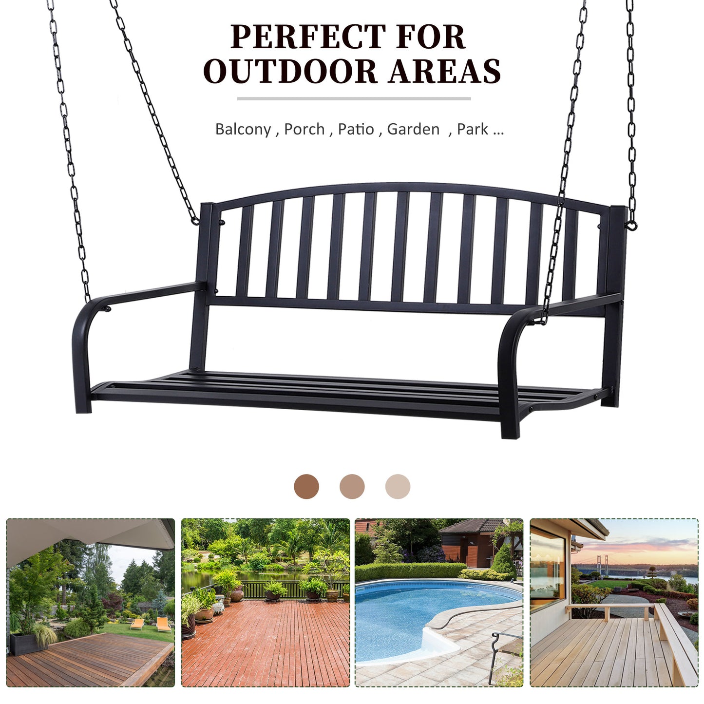 2 Person Front Porch Swing Patio Swing Bench, Outdoor Steel Swing Chair With Sturdy Chains, For Backyard, Deck, 528 Lb Weight Capacity, Black