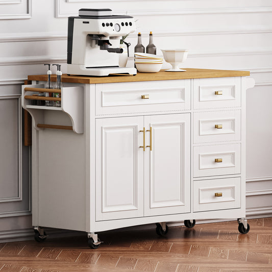 K&K 52   Kitchen Island With Drop Leaf, Embossed Texture Kitchen Island On Wheels With Spice Rack, Towel Rack, 2 Doors And 5 Drawers, Kitchen Storage Cart With Adjustable Shelf For Kitchen, White