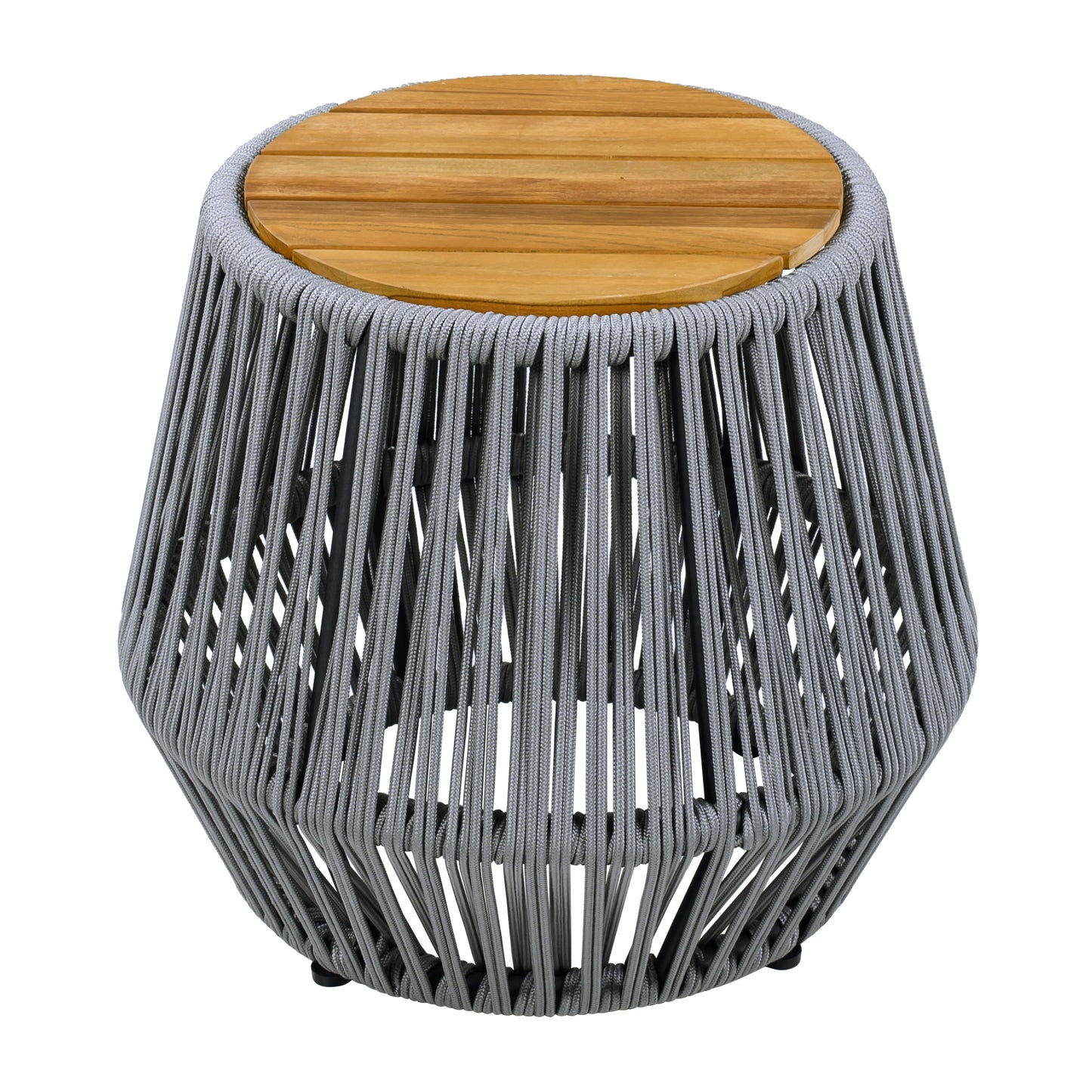 Acacia Wood Side Table With Grey Rope Base - Natural Teak Finish, Modern Coastal Accent For Patio, Garden, Balcony & Indoor Use