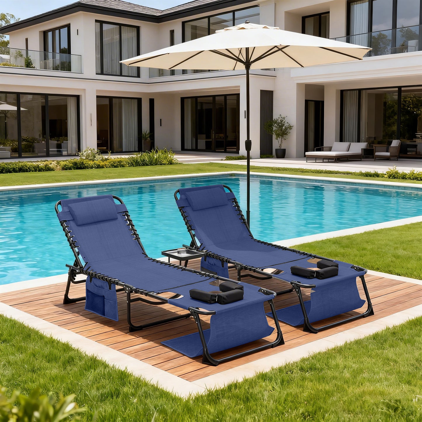Face Down Chaise Lounge Chair 5-Position Adjustable Sunbathing, Foldable Tanning Chair With Face& Arm Holes, Outdoor Recliner Chair For Pool, Beach, Patio, Lawn  Dark Blue, 2 Pcs