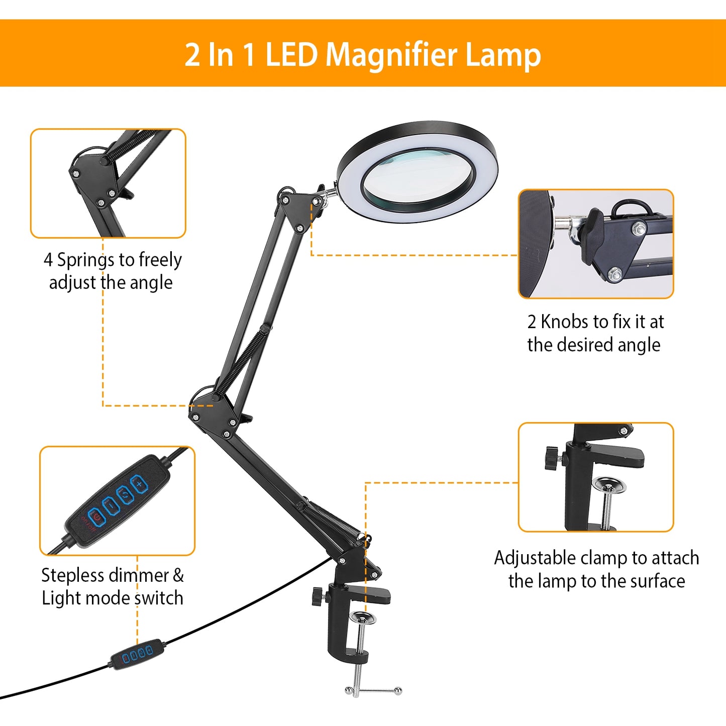 1Pack 2 In 1 LED Magnifier Desk Lamp 8x Magnifying Glass With Light Swing Arm Desk Table Light USB Reading Lamp With Clamp Stand 10 Brightness 3 Modes