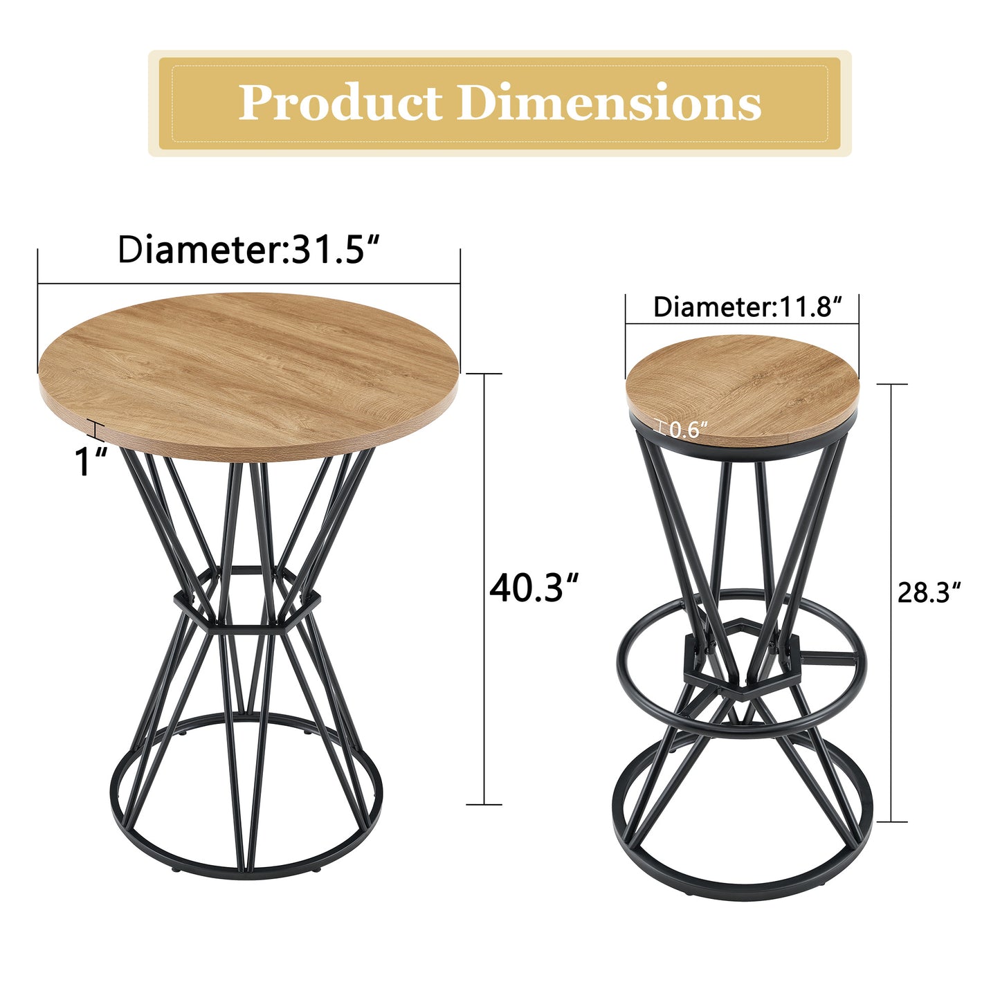Single Package Bar, Table, Chair Set.31.5-inch Wood Grain MDF Tabletop With Black Metal Frame, Industrial Style Bar Counter Combination,suitable For Kitchen Island Countertops,seating 2 People.
