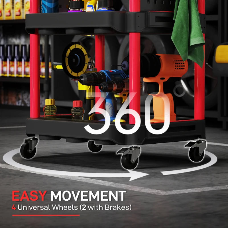 3-Tier Rolling Tool Cart, 200 LBS Capacity Plastic Utility Cart With Side Shelves For Garage, Workshop, Black And Red