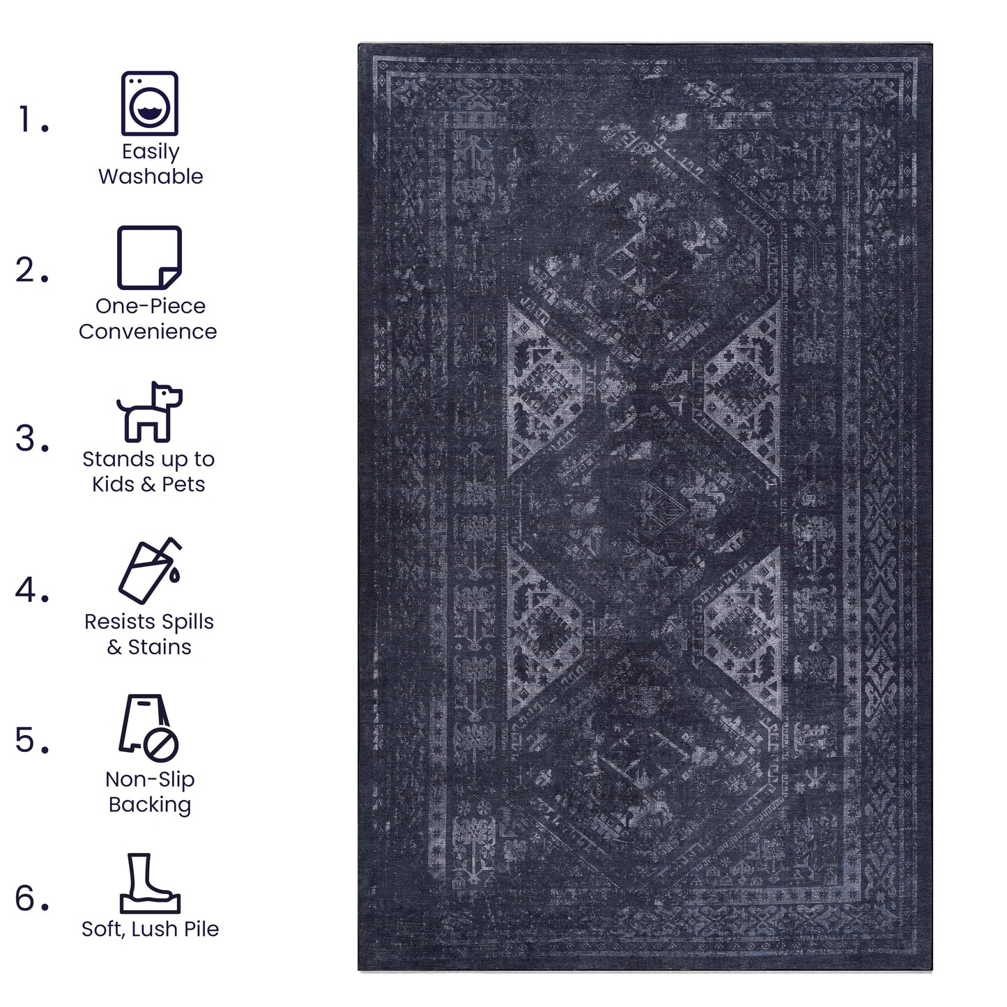 MAVAL Black Washable Rug 2'6'' X 10' Runner Rug  Black Gray, 2'6'' X 10'