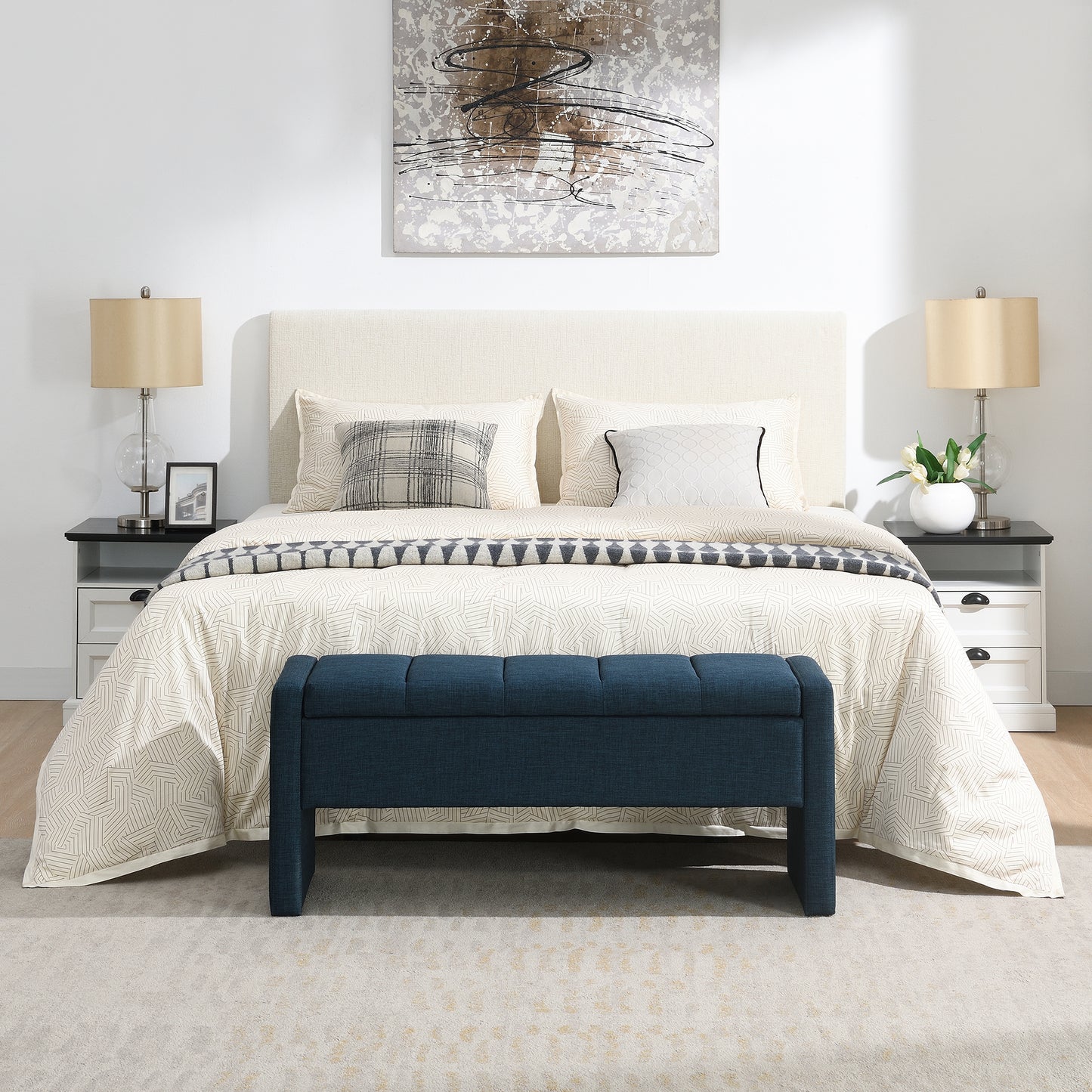 Modern Bed End Bench With Storage,Upholstered Large Foot Rest Stool, Comfy Window Vanity Bench For Living Room,Bedroom,Dorm,Coffee Table,Linen Navy Blue