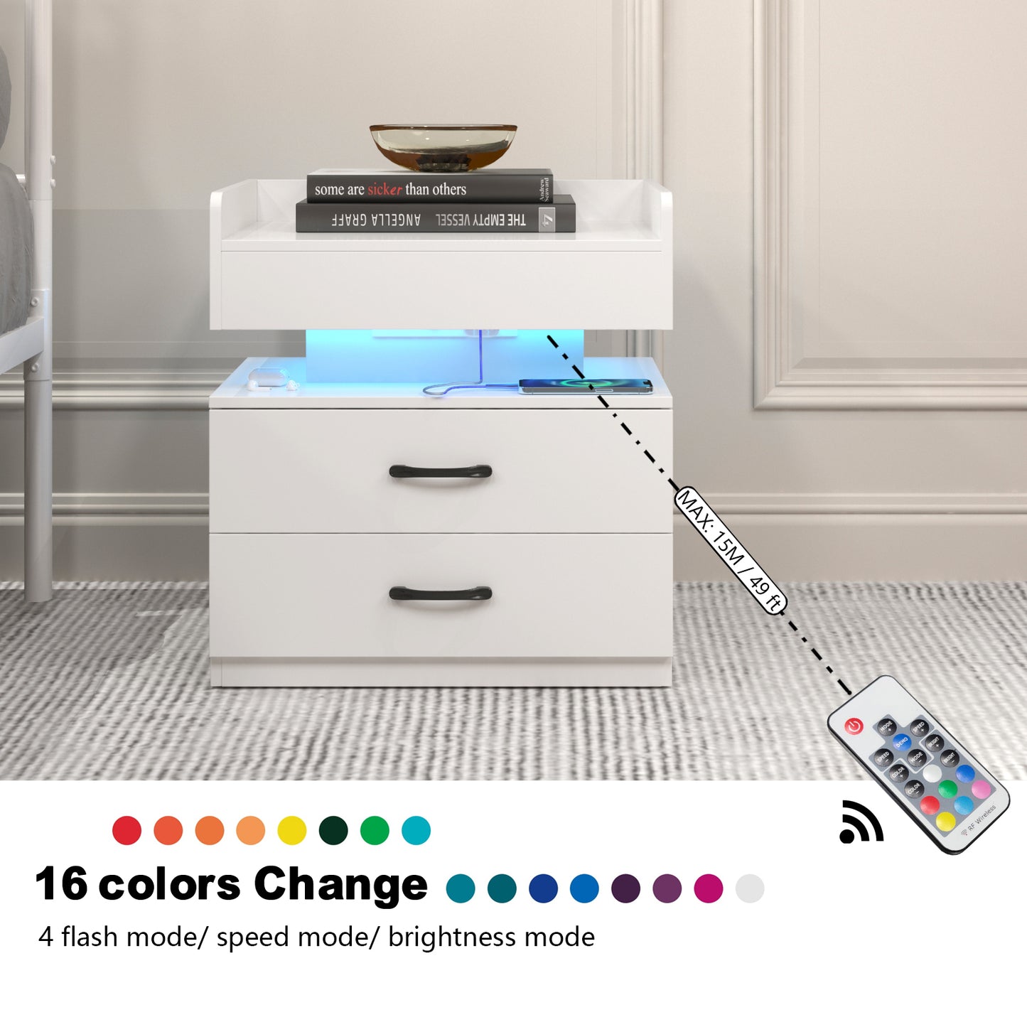 1 Set Nightstand With Adjustable LED Strip Light, 2-drawers, Large Storage Space, Suitable For Bedside Table, Coffee Table, Sofa Side Table Or End Table For Study Desk