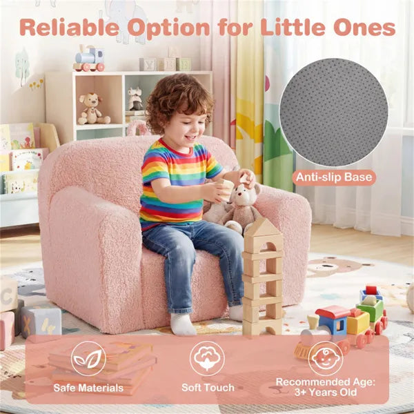 No-Assembly Kids Sofa, Soft Teddy Fleece Foam Couch With Carry Handle & Removable Washable Cover (Pink)