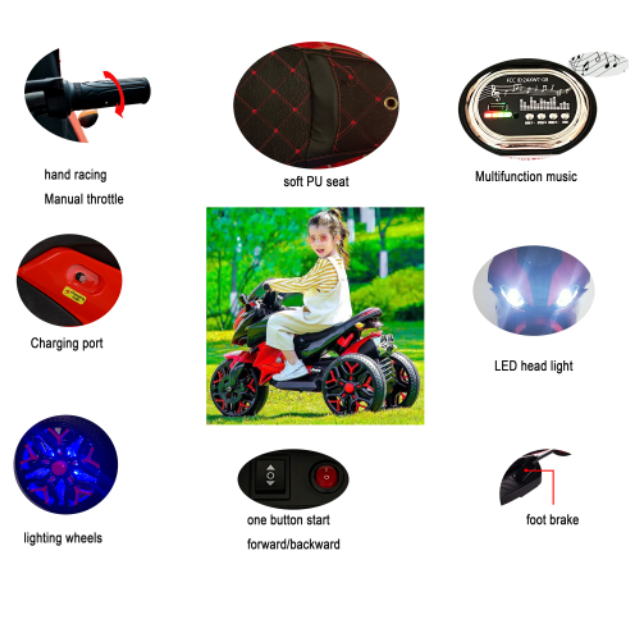 Kids Motorcycle Ride-On Motorcycle 3-Wheels Battery Powered Motorbike Rechargeable 12 V Kids Ride On Toy With PU Seat Training Wheels Manual Throttle Drive By Hand Lighting Wheels