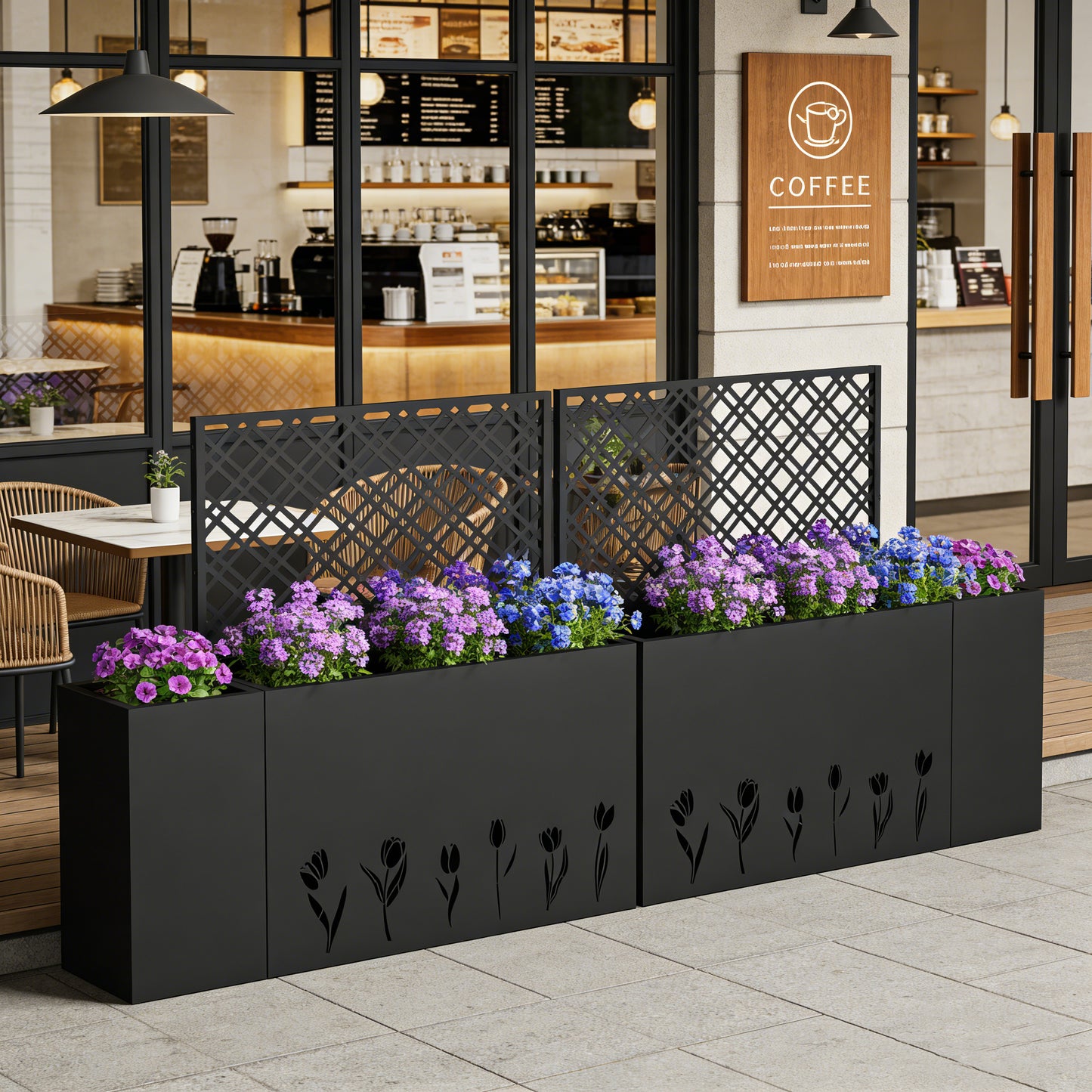 2-Piece Metal Planter Box With Trellis - 23.6in Depth Raised Garden Bed For Outdoor Indoor Use, Rust-Resistant Galvanized Steel Flower Planter With Drainage Holes, Tulip Black