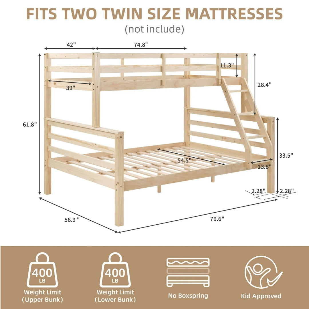 Twin Over Full Bunk Bed With Thick Posts,Wooden Bunk Bed With High Guardrail And Ladder For Kids, Teens, Dorm Rooms, And Guest Rooms,No Box Spring Needed,Natural